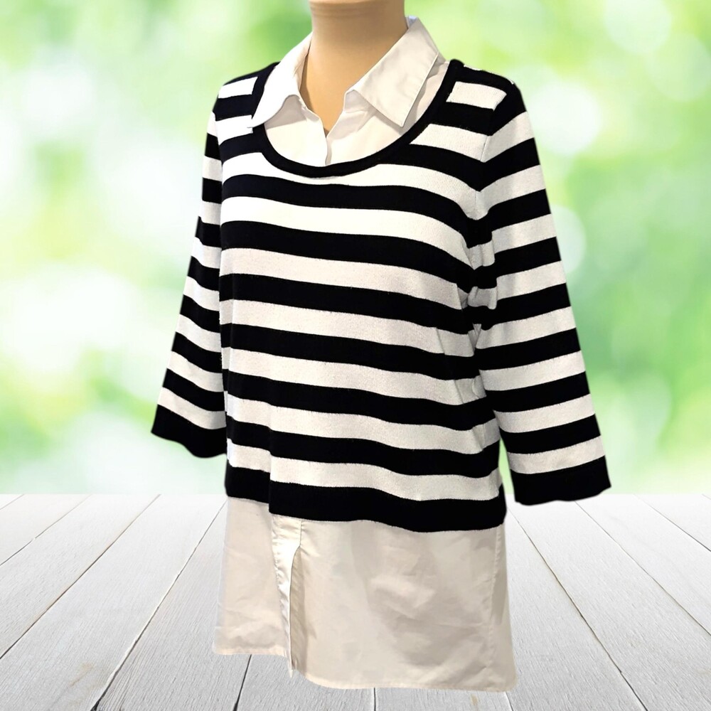 CHICOS Layered Tunic Top Nautical Breton Stripe Collared Black White Size 1 (M)